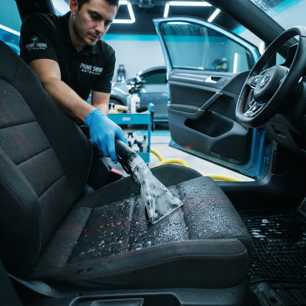 Interior de automóvel com bancos de tecido a serem limpos